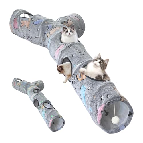 Cat Tunnel for Indoor Cats,Tree Trunk Cat Tunnels with Plush Ball Toys Collapsible,Stars, Moon Shape Self-Luminous, for Indoor Cats,Pets Bunny Rabbits, Kittens, Ferrets - color: 59"-Cat Tunnel Toy Fluorescent