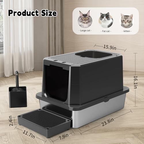 RIZZARI Stainless Steel Cat Litter Box with Dual Exit & Flip Top | Dual Entry Exit & Top / Stainless No Odor / Litter Catch Pedal / Enclosed or Open / Easy Clean Tool-Free / Cats & Apartments - color: Solid Black