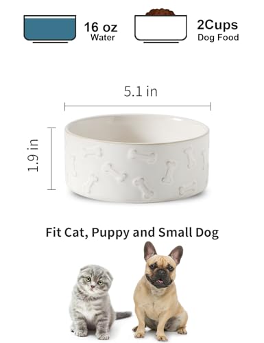 UBEE Ceramic Dog Bowl Set of 2, 5.1 inch Dog Food Bowl, Pet Food Water Dish Feeding for Small Dogs and Large Cat, Bone Pattern, 5.1 in-Small, White - size: 5.1 in-Small