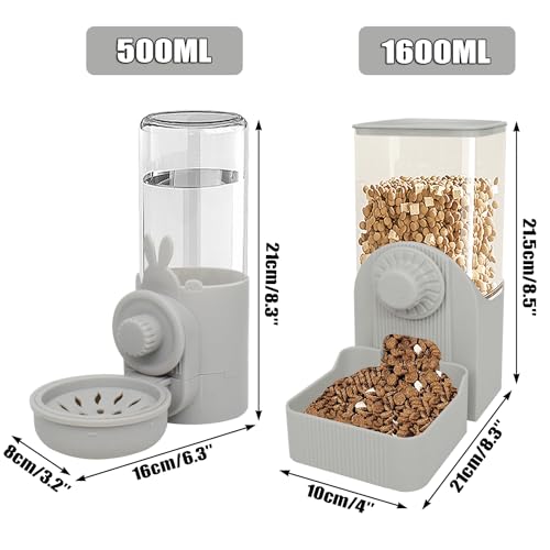 Automatic Rabbit Feeder and Water Dispenser Set,54oz Gravity Food Feeder&17oz Leak-Proof Water Bottle for Guinea Pigs,Hamsters,Chinchillas,Ferrets, Small Animals,Cage Mount Feeding Station Grey