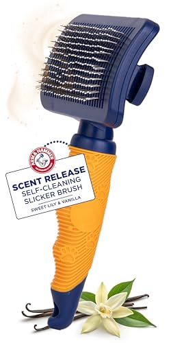 Arm & Hammer Deodorizing Slicker Dog Brush, Sweet Lily & Vanilla Scent | Fragrance transfer technology, baking soda infused, self-cleaning button, removes loose fur and tangles - size: 1-Pack, style: Slicker Brush - Sweet Lily & Vanilla