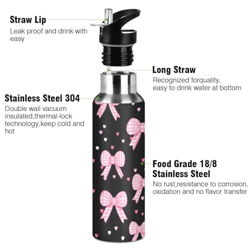 Pink Bow Heart Water Bottle Girls Stainless Steel Bottle with Straw Lid | Kids Leak Proof Boys Girls Insulated Tumbler Cup for School 20 oz - color: Multi10