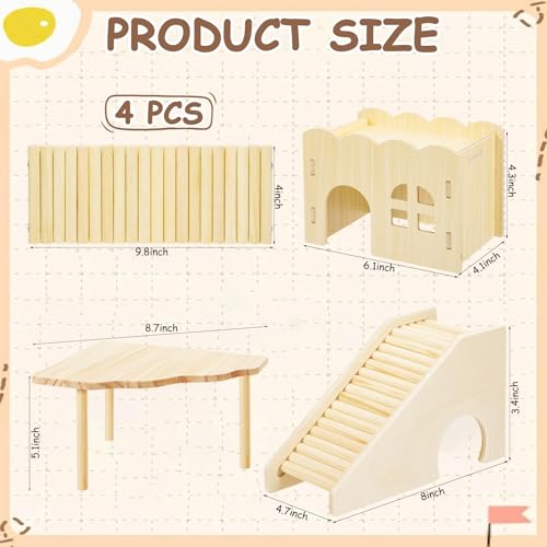 BreezeHug 4 Pcs Hamster Cage Accessories Hamster Platform Hideout Wooden Tunnel Ladder Playhouse Game Climbing Toy with Platform for Pets Dwarf Syrian Mice Degus Gerbils Squirrel(Wave) - style: Wave