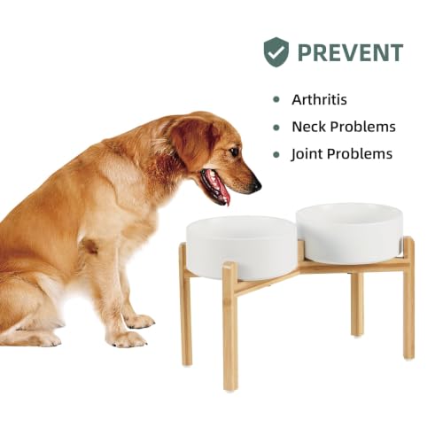 Havniva Dog Bowls Elevated, Ceramic Dog Food and Water Bowl Set | 8.3” Raised Dog Food Bowl, Elevated Dog Bowls with Bamboo Stand, Non-Slip Dog Water Bowl for Large Dog, Large Capacity - color: Matte White, size: 8.3" - 2 Bowls+Stand