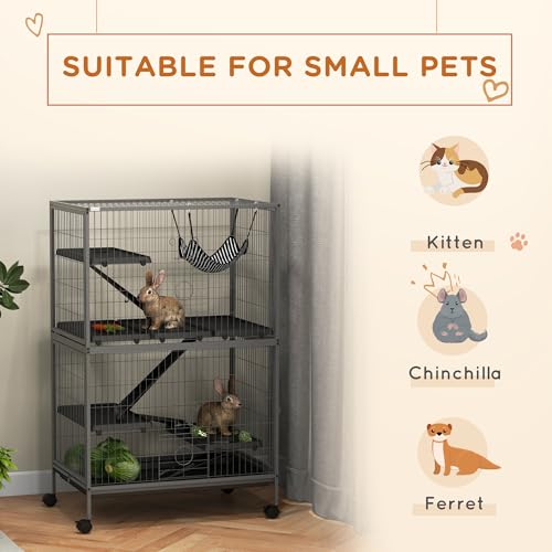 PawHut Metal Small Animal Cage, 5-Tiers Rolling Big Ferret Cage, Gray | with Hammock, Removable Tray, for Chinchilla, Sugar Glider - color: Grey, size: 31.5"L x 20.5"W x 50.5"H