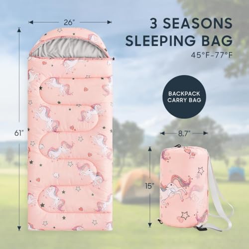 Wake In Cloud - Kids Sleeping Bag for Girls Toddlers, Camping in Warm Cold Weather, Backpacking Lightweight Compact Outdoor Liner for 3 Seasons, Unicorns Stars Hearts - color: Light Pink