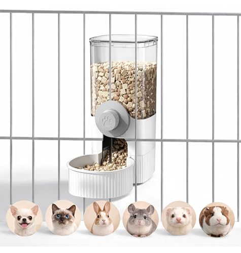 41 oz Hanging Gravity Feeder for Small Animals, Rabbits & Guinea Pigs | Adjustable Cage Height | No-Open-Cage Refill | Space-Saving | Clear Reservoir | Versatile Food Compatibility - color: White