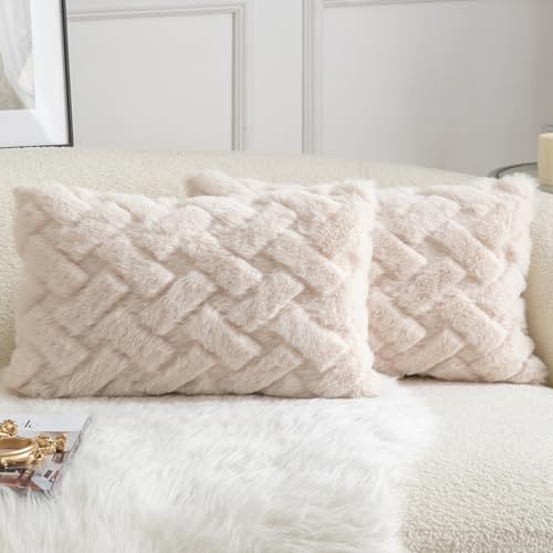 Yaertun Set of 2 Decorative Throw Pillow Covers Thick Plush Wool Throw Pillows Super Soft Luxury Faux Rabbit Fur Velvet Cushion Covers for Couch Sofa Bed Living Room 12x20 Inch Beige - color: Beige, size: 20" x 12" (Pack of 2)