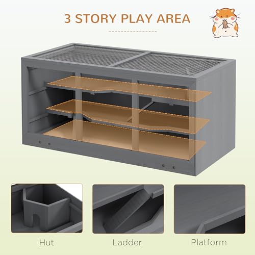 PawHut 45" Extra Large Wooden Hamster Cage 3-Layer Opening Roof Gray | Rat Cage, PVC Window, Small Animal Habitat, for Gerbil, for Dwarf & Syrian Hamsters - color: Gray