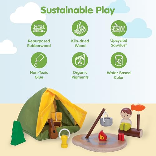 PlanToys Pretend Play Camping Set (6624) | Sustainably Made from Rubberwood and Non-Toxic Paints and Dyes | wooden camping play set, montessori imaginative role play, social skill development, open-ended adventure toys, kids toy - color: Toy