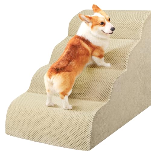 Dog Stairs for Small Dogs, High Density Foam Dog Steps, Extra Wide Non-Slip Pet Ramp for High Beds Or Couch, Soft Doggie Ladder for Dogs Injured, Older Pets, Small Cats - color: Camel, size: 4 Steps