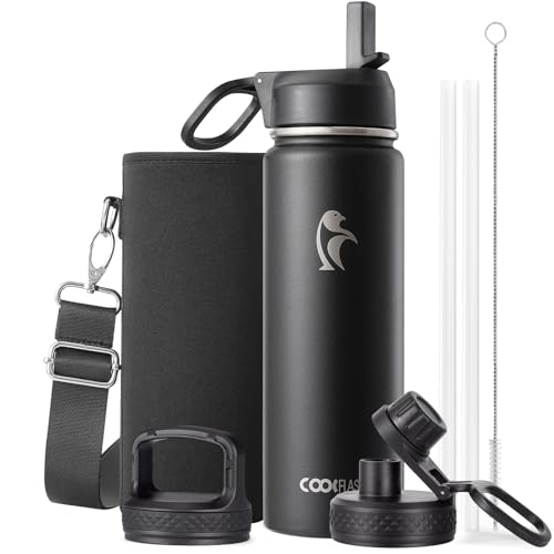 Coolflask 20 oz Insulated Water Bottle with Straw & 3 Leakproof Lids | Water Flask Stainless Steel Triple-Wall Vacuum, Cupholder Friendly, Cold 48+h, Dishwasher Safe, Non-BPA, for Gym & Hiking - color: Magic Black, size: 20 Ounces