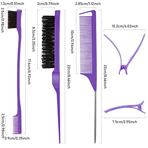 12 Piece Nylon Brushes Set for Grooming - Salon Teasing Brush, Double-Sided Edge Brush, Smooth Comb, Rat Tail Combs with Duckbill Clips for Women and Girls (Purple, Black) - color: Purple, Black