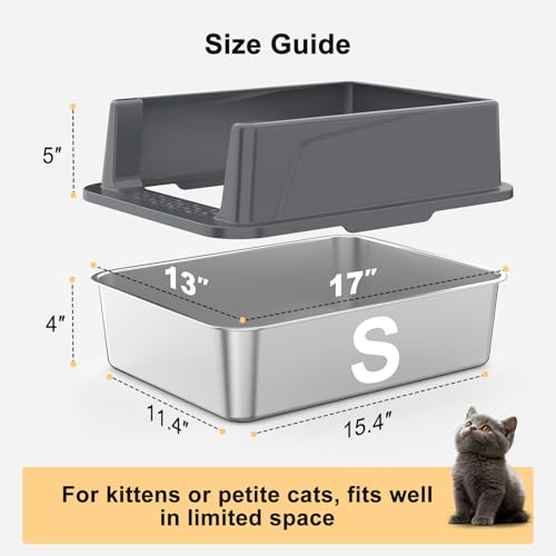 FURTIME Stainless Steel Cat Litter Box, Small Cats Metal Litter Box | High-Sided Open-Top Easy-Clean Litter Pan, Non-Stick, Anti-Leakage, Odor-Free, Comes with Scoop & Mat, 17"×13"×8.4" - color: Grey, size: Small