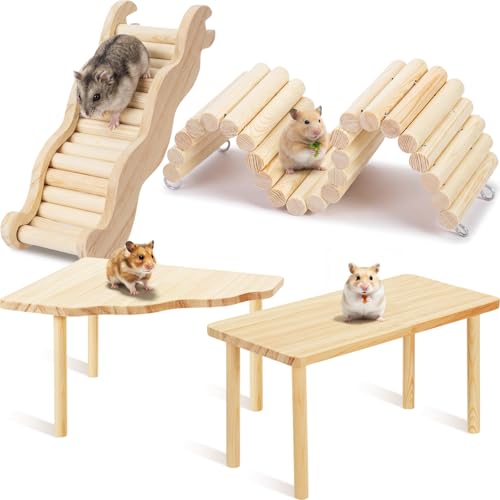 BreezeHug 4 Pcs Hamster Cage Accessories Hamster Platform Hideout Wooden Tunnel Ladder Playhouse Game Climbing Toy with Platform for Pets Dwarf Syrian Mice Degus Gerbils Squirrel(Climber) - style: Climber