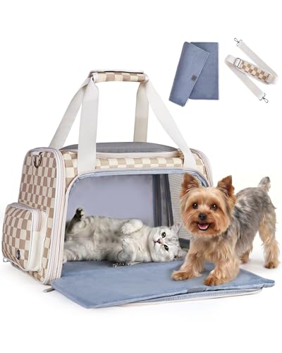 Homespon 34.5L Soft-Sided Cat Dog Carrier, Airline Approved Pet Bag | Collapsible Travel Bag with Removable Bed for Small Dogs & Cats - color: Khaki Checkboard