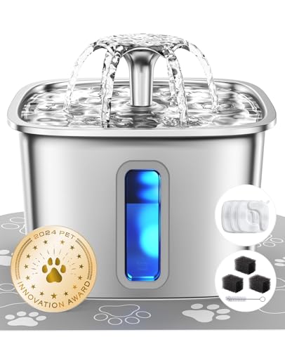 Veken Innovation Award Winner Stainless Steel Cat Water Fountain, 108oz | Automatic Pet Fountain Dog Water Dispenser with 3 Replacement Filters & Silicone Mat, Gifts for Cats, Dogs (Silver) - color: Silver