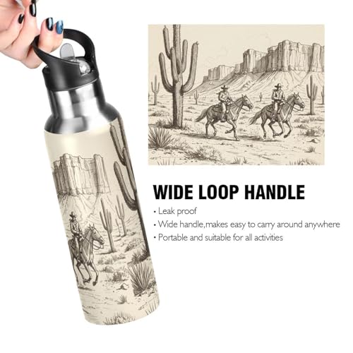 Western Cowboy Cactus Water Bottle Kids Stainless Steel Water Bottle with Straw Lid, Leak Proof Boys Girls Insulated Tumbler Cup for School 20 oz - color: Multi26