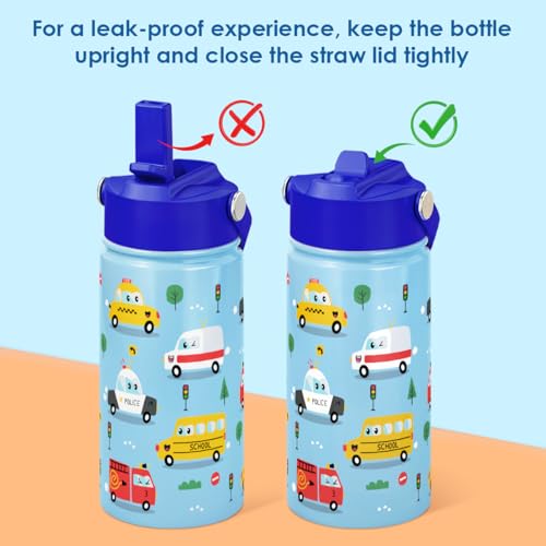 SANDJEST Kids Water Bottle with Straw Lid, Pack of 2 Insulated 12 Oz Stainless Steel Water Bottles for Boys, Travel Cup for School Sports, Construction - Transportation - color: Construction - Transportation (Pack 2)