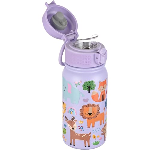 GOPPUS Kids Insulated Water Bottle 12oz, Leakproof Stainless Steel Thermos, BPA Free Double Wall Vacuum Insulated Bottle for School, Travel, Sports & Outdoor Activities, Boys Girls - color: Purple Zoo
