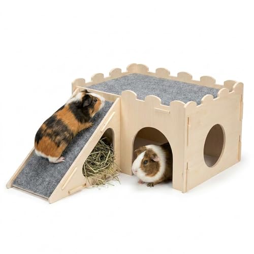 Wooden Guinea Pig Hideout with Ramp and Hay Holder | Indoor cavy house with enclosed room, multiple openings, removable fabric grips, front ramp and under-ramp hay nook - size: Large