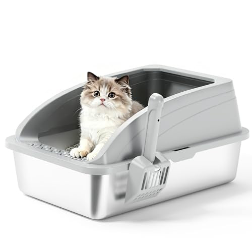 Stainless Steel Cat Litter Box with Lid, Metal Kitty Litter Box with Scoop, Non-Stick Base, Easy to Clean for Cat, Rabbit, Guinea Pigs and Hamsters - Gray - color: Grey