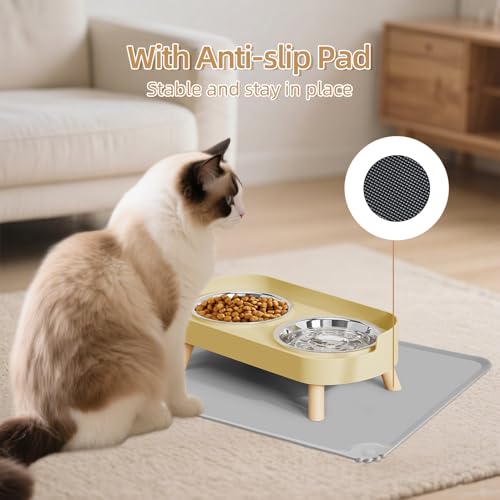 Elevated Cat Bowl with Food Mat, Raised Cat Food and Water Bowl Set for Indoor Cats, Splash Proof with 2 Stainless Steel Pet Food Bowls for Cat and Puppies,Whisker Fatigue and Dishwasher Safe (Yellow) - color: Cat Bowls with mat - yellow