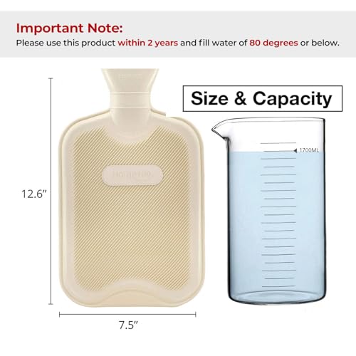 HomeTop Premium Classic Rubber Hot Water Bottle with Cute Bear Cover | Natural rubber hot water bottle,Long-lasting heat retention,Snuggly all-night warmth - color: White