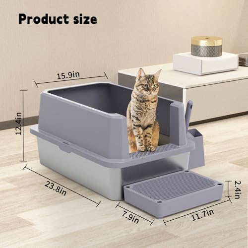 RIZZARI Open Cat Litter Box: Stainless, High Sided, Easy Clean | Spacious for Large Cats / 304 Stainless Anti-Odor / 6.5" Splash Guard / Leak-Proof Seams / Apartments & Laundry - color: Cool Gray