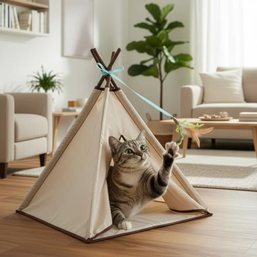 SmartyKat Kitty Camp Crinkle Cat Tent Hideaway, Collapsible Tent with Detachable Feather Toy for Privacy & Play for Cats & Kittens, Beige, One Size - style: Kitty Camp Tent