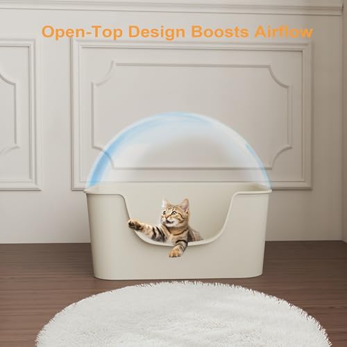 Low Entry Cat Litter Box with High Sides - Open-Top Anti-Splash, Durable Easy-Clean Pan for Kittens, Munchkin Cats, Senior Medium-Sized Cats & Small Pets (Rabbits), 19.3”x13.3”x7.8” Beige