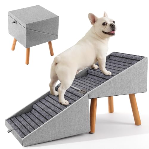 17.13" H Split Ottoman Dog Stairs for Couch and Bed, Dog Ramp for Small Dogs and Cats, Foldable 2 in 1 Pet Steps for Medium Large Dogs and Puppy, Non-Slip Wooden Doggie Steps - size: 17.13" H- Light Grey