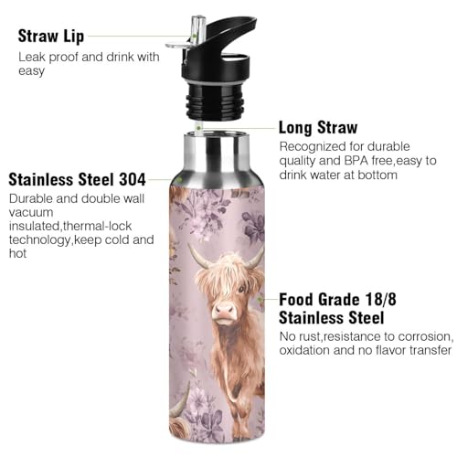 Highland Cow Purple Flower Water Bottle Kids Insulated Sports Vacuum Stainless Steel Mug with Straw Lid & Handle 20 oz - color: C3666