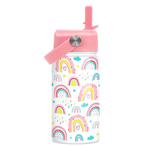 SANDJEST Rainbow Kids Water Bottle With Straw Lid 12oz Insulated Stainless Steel, Travel Tumbler, Gifts For Girls, Birthday, Christmas, Back To School - color: Rainbow 1