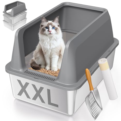 Stainless Steel Sifting Litter Box with Lid, High Sides XXL Extra Large Sifting Cat Litter Box for Pine Pellets & Big Cats, Sifter Litter Pan System for Odor Control,Sifting Box Liners & Scoop - size: XXL:23.6''×15.7''×16''