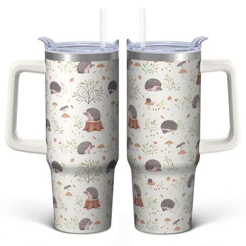 30oz Hedgehog Stainless Steel Tumbler with Handle and Straw, Insulated Cup Travel Coffee Mug Water Bottle with Lid and Straw, Animal Lovers Women Gifts - color: Hedgehog