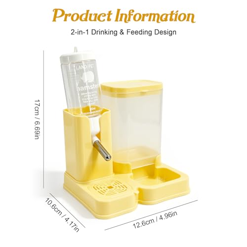 Hamster Water Bottle 2-in-1, 80ml Top-Fill Water Dispenser & 320ml Food Feeder, BPA-Free Anti-Leak Small Animal Cage Accessories for Hamster Gerbil Mouse (Yellow)