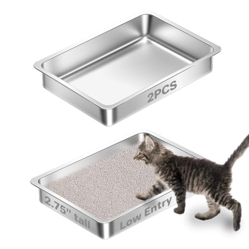 2 Pack Low Entry Stainless Steel Cat Litter Box for Senior Cats, Metal Shallow Litter Box, Easy Access Kitty Litter Pan Tray, Easy Cleaning,Non Stick-15.75''Lx 11.81'' W x2.76'' H - color: 2 pack-15.75''Lx 11.81'' W x2.76'' H