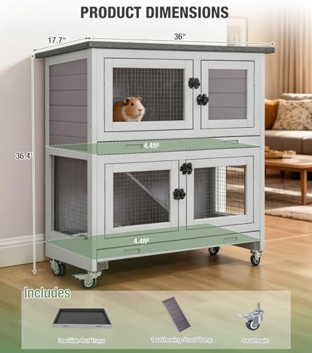 Two-Tier Guinea Pig Cages Rabbit Hutch with Anti-Chew Ramp | bunny cage with dual deep trays, weatherproof roof, lockable catsters, multiple access doors - color: 36“L Grey