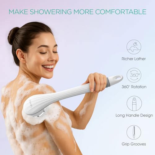 VOYOR Electric Body Brush Back Scrubber for Shower Rechargeable BC100, Grey | Exfoliating Bath Brush Powered Shower Brush with Non-Slip Long Handle Deep Cleansing, Exfoliation, Massaging Spin Brush - color: Grey