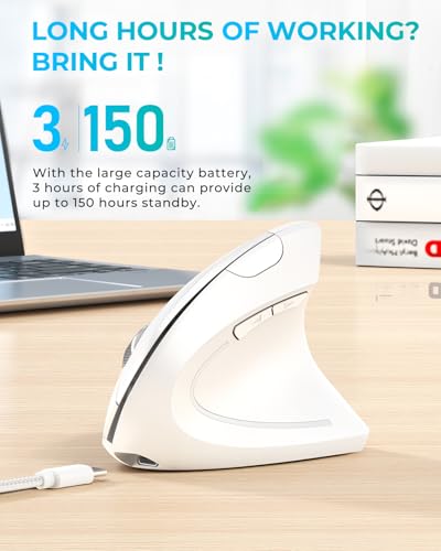 Lekvey Ergonomic Mouse, Rechargeable Vertical Wireless Mouse, White | Long Battery Life, USB-C Charging, 2.4G Wireless, Quiet Click, Reduces Wrist Strain, 3DPI 1000/1200/1600, for Laptop, Mac, PC - color: White