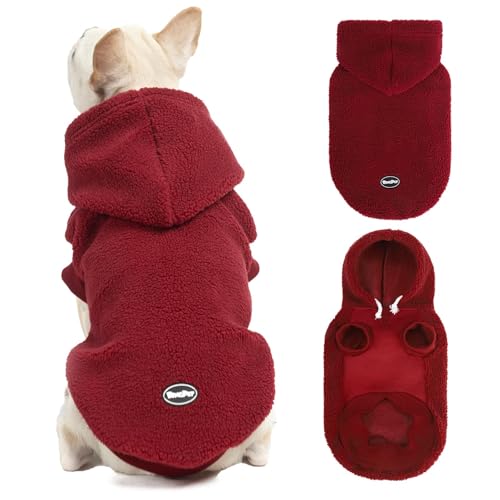 BINGPET Dog Hoodie for Small Medium Large Dogs, Sherpa Hooded Dog Sweater with Leash Hole for Boy Girl Dogs,Soft Warm Fleece Dog Winter Clothes Cold Weather Coats Jacket for Puppy Sweatshirt,S - color: Red, size: Small