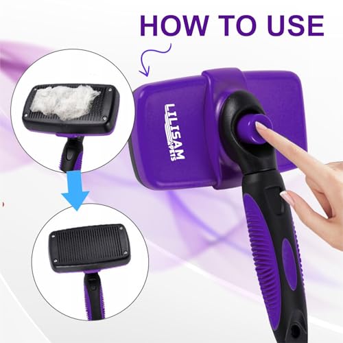 Pet Self Cleaning Slicker Brush and Grooming Comb - Gently Removes Loose Hair, Tangles, and Dirt - Skin Friendly Deshedding Grooming Tool for Hair Dogs & Cats - Pet Supplies Accessories (Purple) - color: Purple