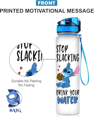BAIG Blue Alien 32 Oz Water Track Bottle, Stop Slacking Drink Your Water Water Bottle With Time Marker, Alien Motivational Insulated Water Bottle, Gifts For Cute Alien Lovers
