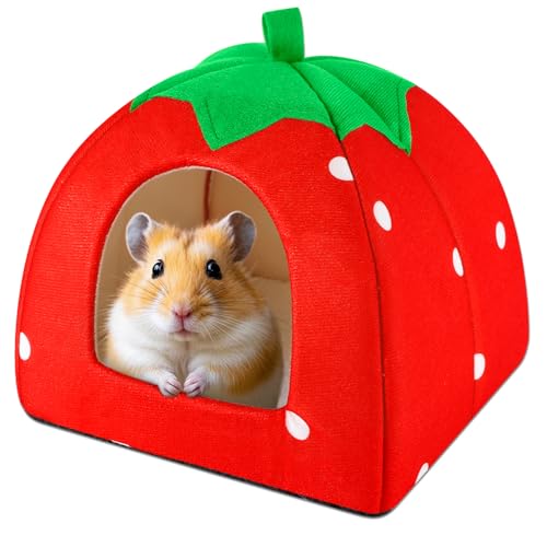 Guinea Pig Hideout Warm Fleece Small Animal Bed Washable Pet Cushion Winter Warm Sleeping Nest for Hamster Rabbit Chinchilla(Strawberry Style) - color: Red