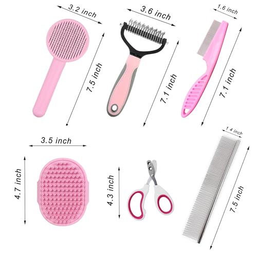 Cat Grooming Brush Kit 6 Tools - Deshedding & Dematting for Long/Short Hair, Self-Cleaning Slicker Brush with 6-in-1 Flea Comb for Cats & Kittens (Pink) - color: Pink