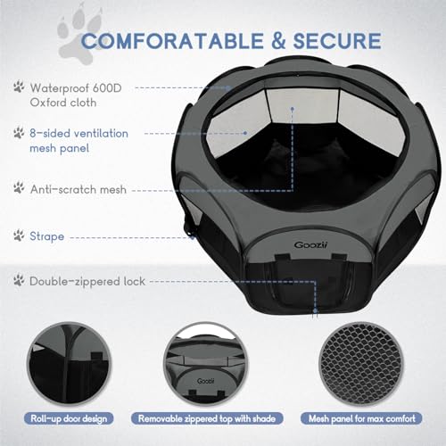 Goozii Portable Puppy Playpen Indoor, Small Dog Playpen, Pop Up Kitten Cat Play Pen Tent for Outdoor, Foldable Pet Cage Crate Kennel with Zip Gate Top Cover Bottom for Travel Camping RV Car (Black) - color: Grey-Black, style: S [29" x 29" x 17"]