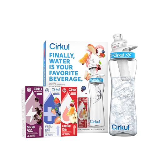 Cirkul 22oz. BPA-Free Plastic Water Bottle Starter Kit with Blue Lid, 3 Flavor Cartridges (1 LifeSip Fruit Punch, 1 FitSip Mixed Berry, 1 GoSip Black Cherry) Zero Calories and No Sugar - size: 22oz. Bottle + 3 Cartridges