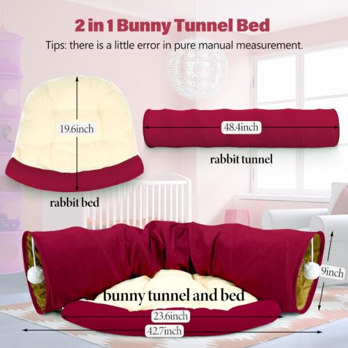 BWOGUE Bunny Tunnel Bed, 2-in-1 Collapsible Rabbit Tunnel Hideout with Mat | Removable Mat for Washing, Ball Toy for Play, Tunnel Tubes for Hiding, Soft Suede Fabric, Cats Rabbits Guinea Pigs - color: Red