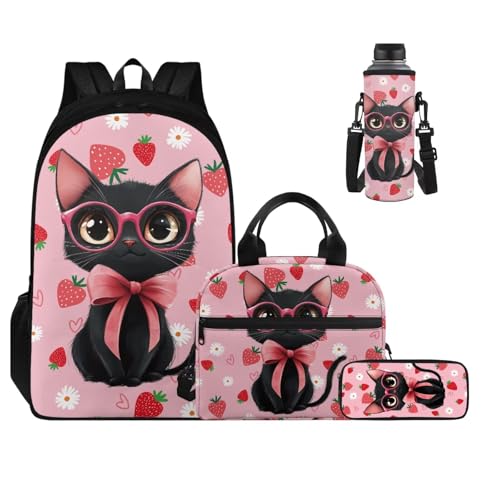 Elegant Cat Girls Bookbag with Lunch Box Adjustable Water Bottle Cover and Floral Pencil Case 4-6 Years Old Kids 4 in 1 Set 6Th Grade Lightweight Backpack for School/Sports - color: Elegant Cat